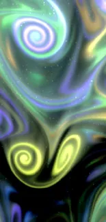 Vibrant abstract swirl wallpaper with green and purple hues.