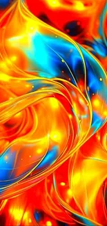 Vibrant abstract swirl design with red, blue, and yellow colors.