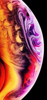 A vibrant abstract swirl with orange, purple, and yellow hues on a mobile wallpaper.