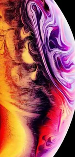 Vibrant abstract swirl with purple hues on black background.