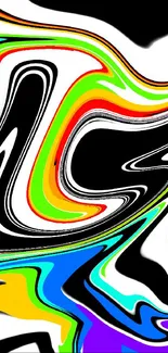 Vibrant abstract swirl wallpaper in black and rainbow colors.