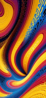 Colorful abstract swirl wallpaper with vibrant yellow, blue, and red hues.