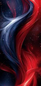 Vibrant abstract swirl wallpaper with red and blue cosmic design.