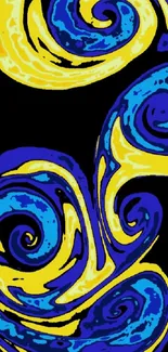 Vibrant yellow and blue swirl abstract wallpaper on black background.