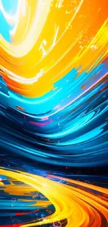 Vibrant abstract swirl wallpaper with blue and orange hues.