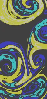 Vibrant abstract swirl wallpaper in blue and yellow tones.