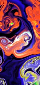 Vibrant abstract swirl wallpaper with orange and blue hues.