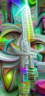 Vibrant abstract sword design with geometric shapes and vivid colors.