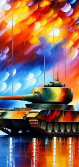 A vibrant abstract painting of a military tank with colorful background.