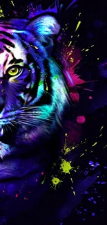 Vibrant abstract tiger art with bold colors and splatter effects.