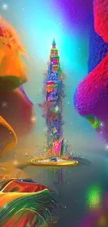 Colorful abstract tower with vibrant hues.