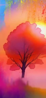 Vibrant abstract tree on colorful background with warm hues and sunrise glow.