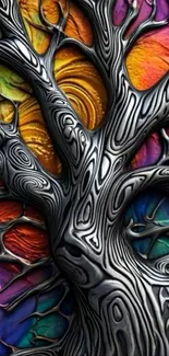 Abstract tree with silver patterns and vibrant colors.