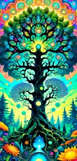 Vibrant psychedelic tree wallpaper with colorful forest and cosmic designs.