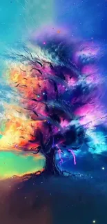 Colorful abstract tree with blue and purple hues.