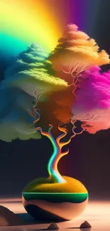 Vibrant abstract tree with rainbow hues in a digital art wallpaper.