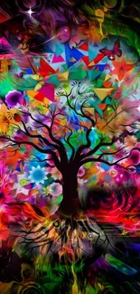 Vibrant abstract tree with colorful geometric patterns wallpaper.