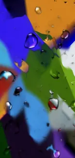 Vibrant abstract wallpaper with colorful shapes and water droplets.