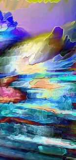 Vibrant abstract art of a colorful waterfall with dynamic colors.