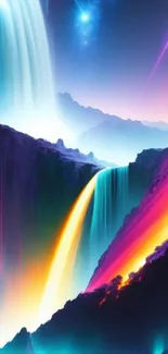 Abstract neon waterfall with vibrant colors in a surreal fantasy landscape.