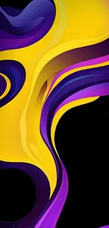 Vibrant abstract yellow and purple waves on black background.