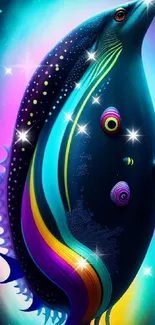 Vibrant abstract whale design with neon colors and artistic patterns.