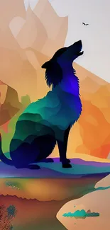 Abstract wallpaper with colorful wolf silhouette.