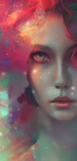 Vibrant abstract art of a woman with colorful hues and cosmic effects.