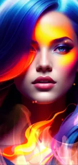 Vibrant digital art of woman with neon colors and flowing design.