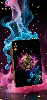 Colorful ace of spades card with smoke and gold sparkles.