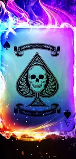 Ace of Spades with skull, surrounded by colorful flames.