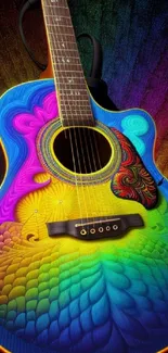 Artistic colorful guitar with a vibrant rainbow design.