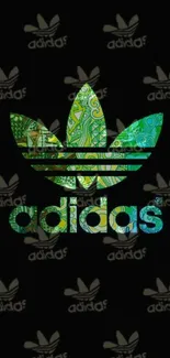 Colorful patterned Adidas logo on dark background.