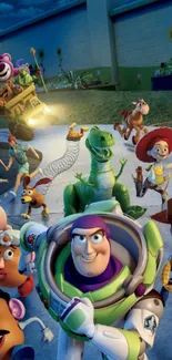 Animated characters from Toy Story in a vibrant scene.