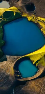 Aerial view of vibrant blue lakes with green and earthy surroundings.