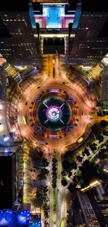 Aerial view of vibrant city lights at night.