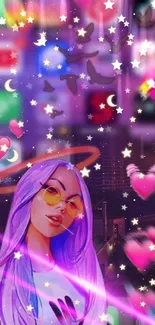 Purple aesthetic wallpaper with illustrated girl and pink hearts.