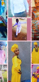 Vibrant African fashion collage wallpaper with diverse colorful outfits.