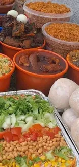 Colorful African feast with jollof rice, fresh salad, and various traditional dishes.