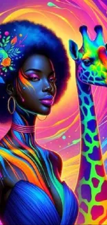 Colorful Afro woman and psychedelic giraffe wallpaper.