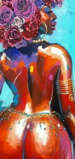 Vibrant Afro art with colorful portrait and flowers.