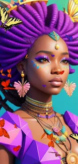 Futuristic artwork of a woman with purple hair and butterflies.