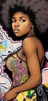 Afrocentric woman in vibrant graffiti street art portrait.