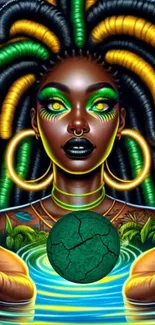 Afrocentric art of a woman with colorful hair and green orb.