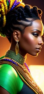 Woman with vibrant Afrocentric hairstyle and warm glowing background.