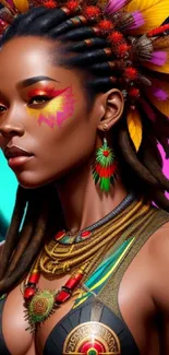 Vibrant Afrocentric woman with colorful adornments and traditional jewelry in digital art.