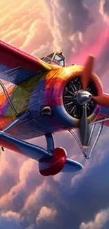 Colorful airplane flying through a cloudy sky.
