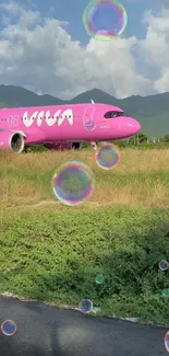 Pink airplane with bubbles in a scenic, grassy landscape.