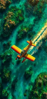 Airplane soaring over turquoise ocean waters.