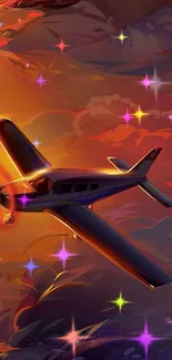 Artistic illustration of an airplane flying through vibrant sunset skies.